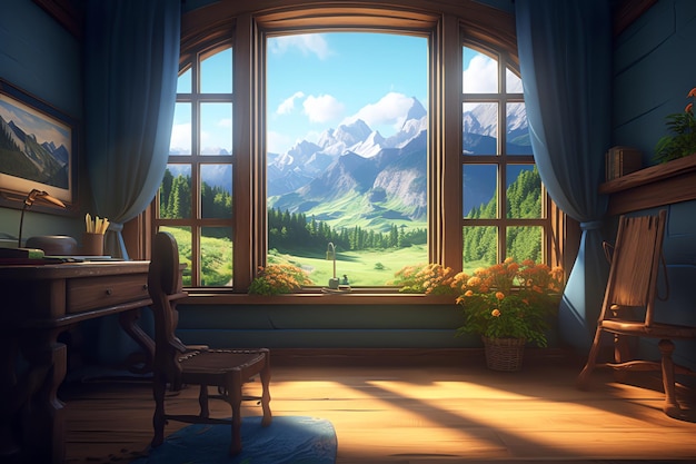 A room with a view of a mountain and a window