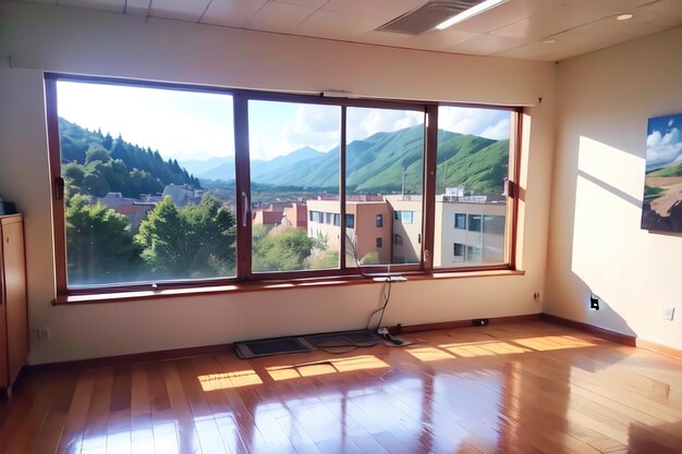 Photo a room with a view of a mountain and a window