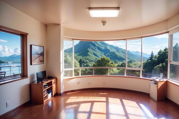 Foto una camera con vista su una montagna e una finestra