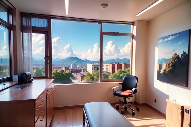 A room with a view of mountains and a chair