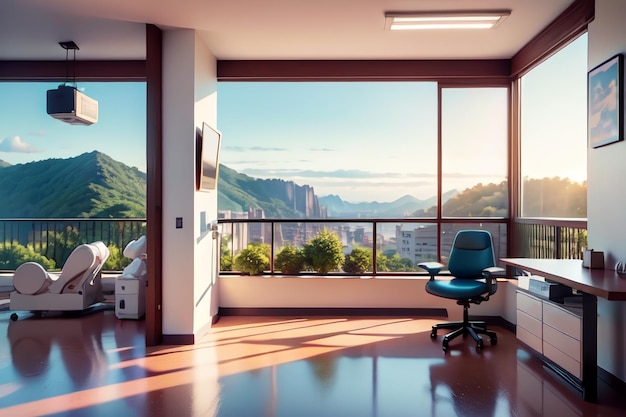 A room with a view of the mountains and a desk.