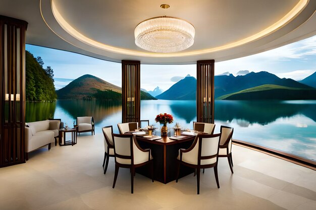 A room with a view of mountains and a lake