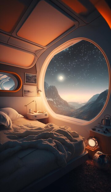 A room with a view of mountains and a planet.