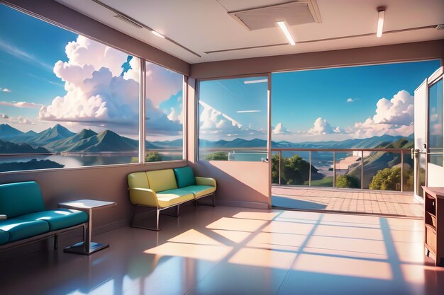 A room with a view of the mountains and the sky