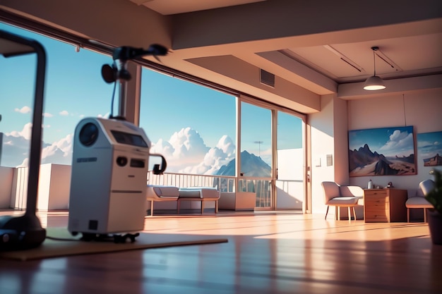 A room with a view of the mountains and a speaker