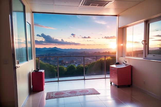 A room with a view of the mountains and the sunset.