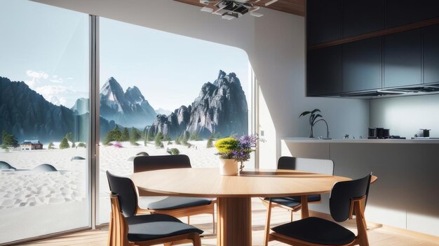 A room with a view of mountains and a table with chairs