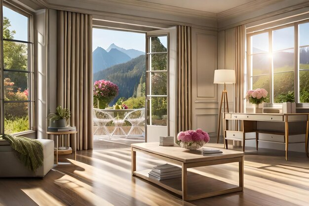 A room with a view of mountains and a table with flowers on it.