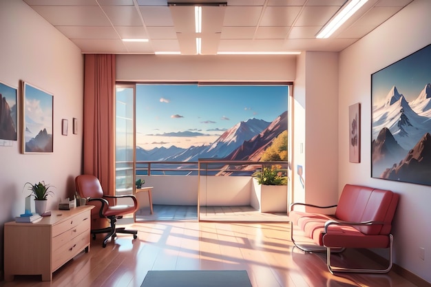 A room with a view of the mountains and a window that says " the word " on it. "