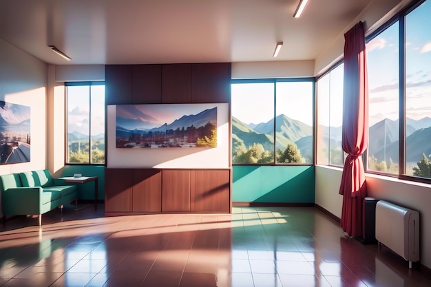 A room with a view of mountains and a window