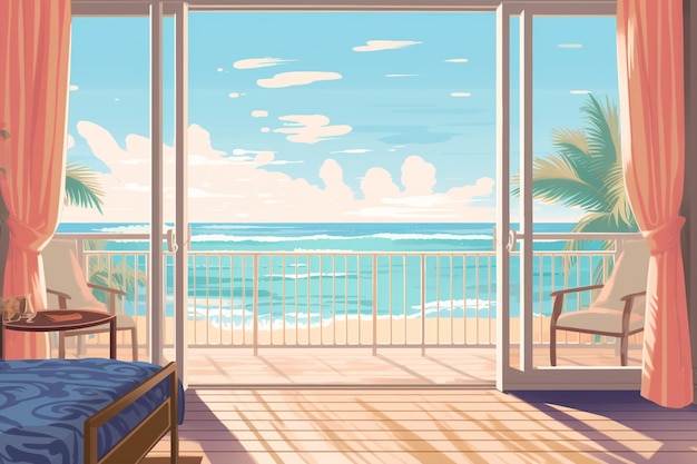 A room with a view of the ocean and a balcony with a blue bed and a blue blanket.