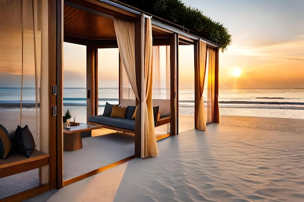 A room with a view of the ocean and a beach scene.