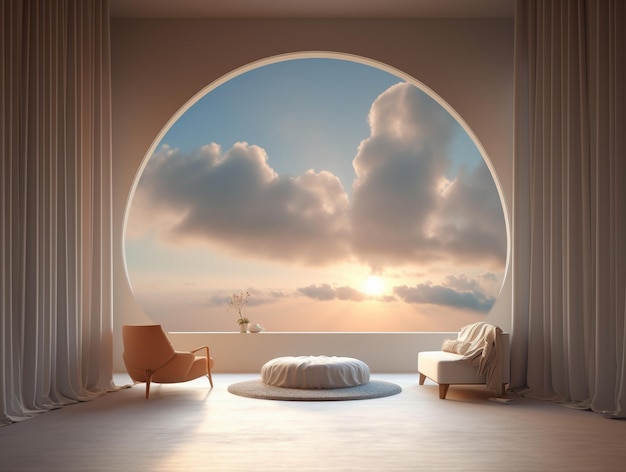 a room with a view of the ocean and a beautiful sunset.