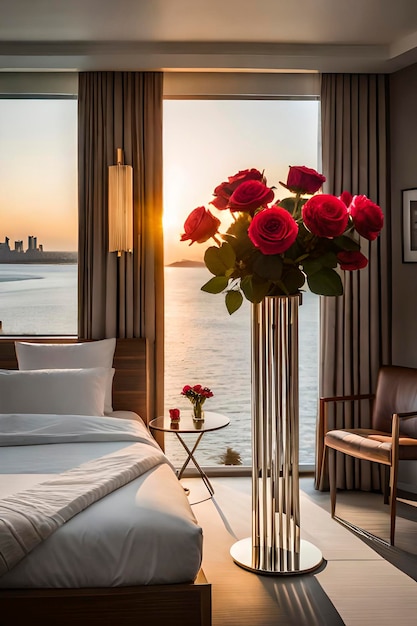 A room with a view of the ocean and a bed with roses in front of it