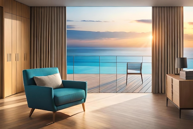 A room with a view of the ocean and a chair.