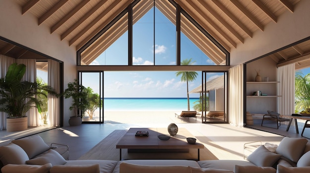 a room with a view of the ocean and palm trees