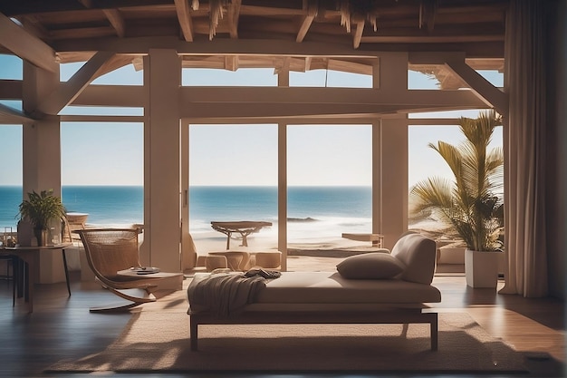 a room with a view of the ocean and palm trees.