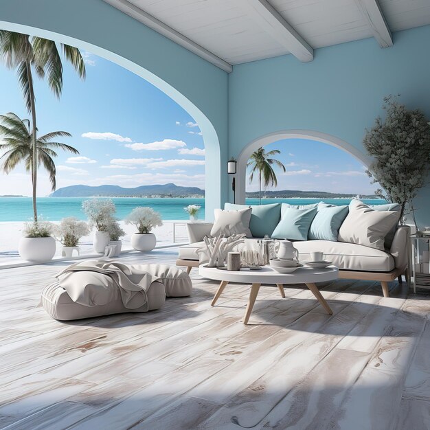 a room with a view of the ocean and palm trees