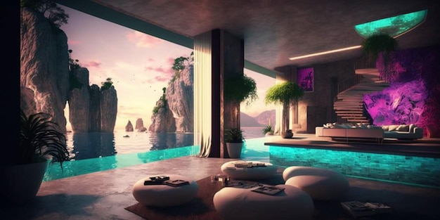 Foto una camera con vista sull'oceano e una piscina con vista sull'oceano.