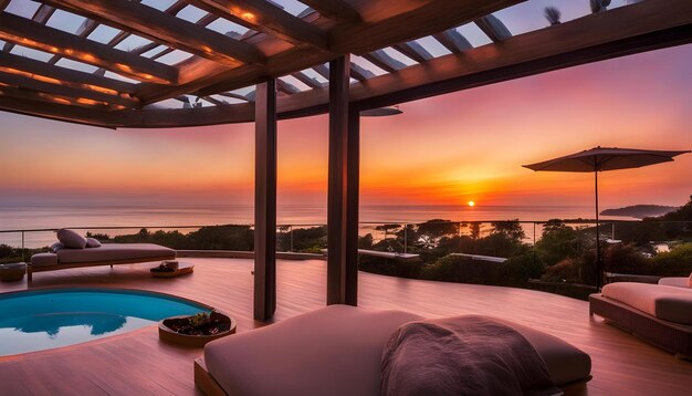 a room with a view of the ocean and a sunset