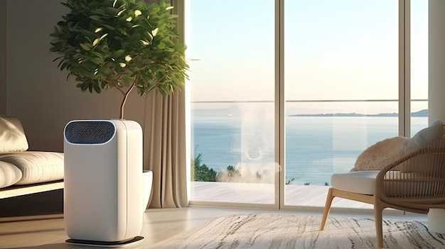 A room with a view of the sea and a air conditioner.