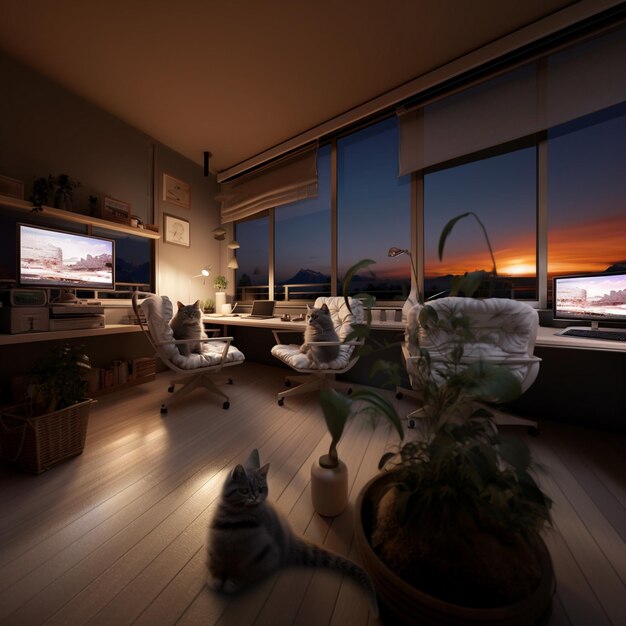 Photo a room with a view of a sunset and a cat sitting on the floor.