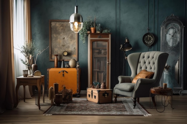 Room with vintage upcycled furniture and modern accessories created with generative ai