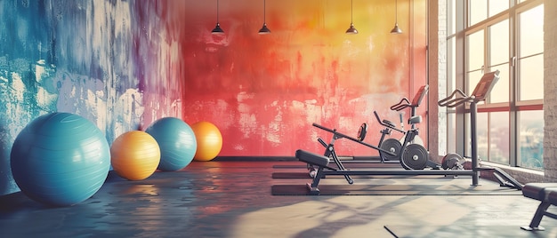 Photo a room with a wall of hanging lights and a red wall with a gym in the background