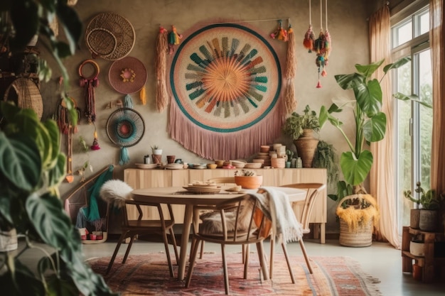 A room with a wall hanging that says boho on it