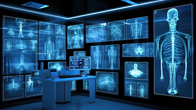 A room with a wall of monitors and a computer monitor with the words " xray " on it.