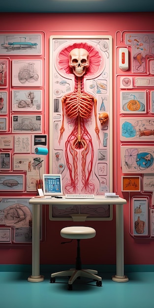 Foto una stanza con una parete di immagini e uno scheletro