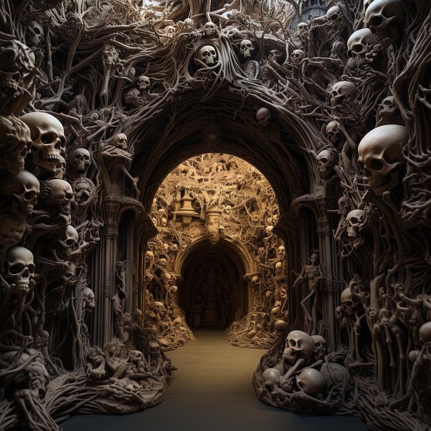 Photo a room with a wall of skulls and a cross on the top