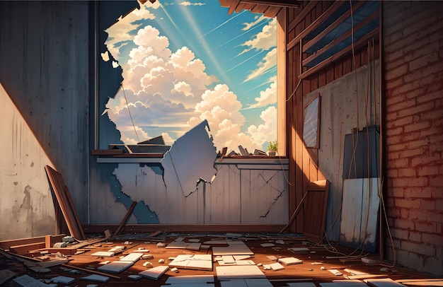 A room with a wall that has been torn apart and the sky