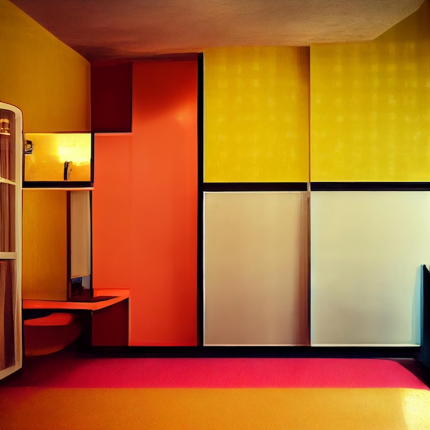 A room with a wall that has a red and yellow color.