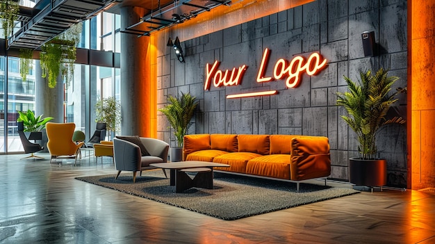 a room with a wall that says your logo on it