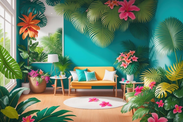 A room with a wall of tropical plants and a yellow couch with a blue cushion.