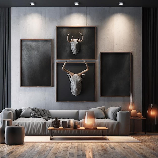 a room with a wall with a bull head and horns on it