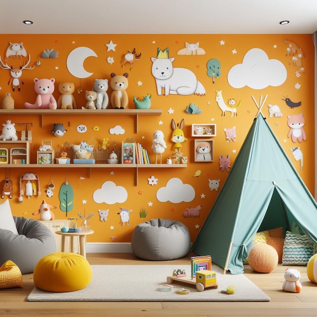 a room with a wall with a wall of animals and a tent