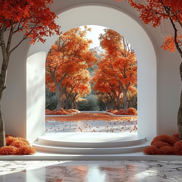 Photo a room with a white arch and trees with an orange leaves