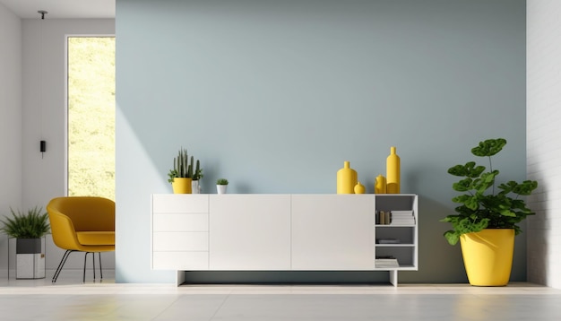 A room with a white cabinet and a white cabinet with yellow bottles on it.