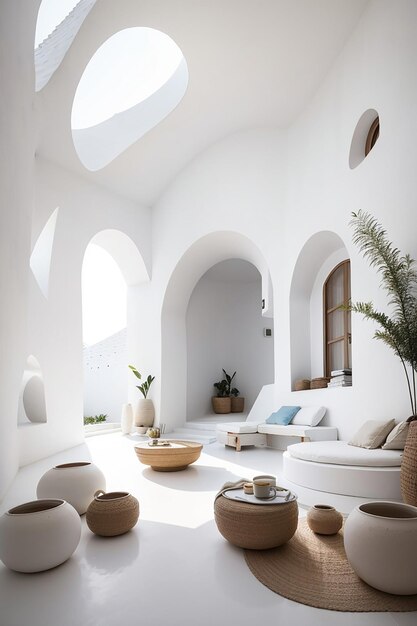 Photo a room with a white ceiling and a large round table with a plant in the center