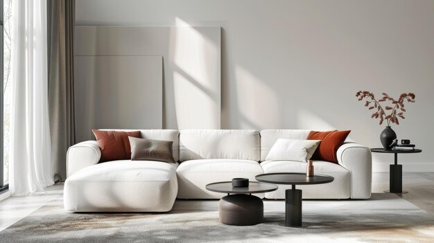 A room with a white couch and a coffee table with a black table and chairs