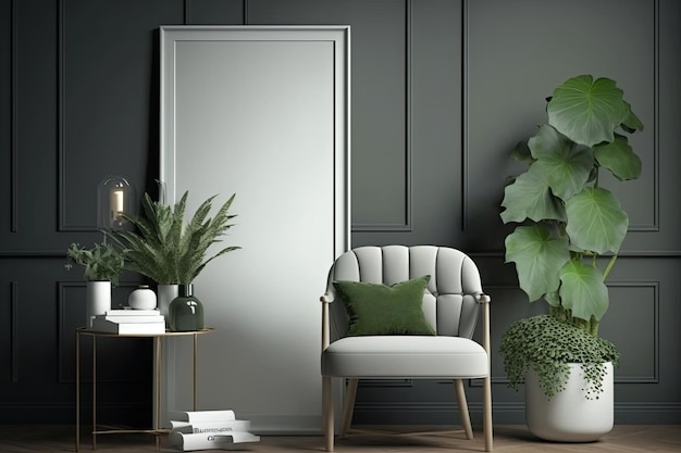 흰색 문과 측면에 녹색 식물이 있는 방.