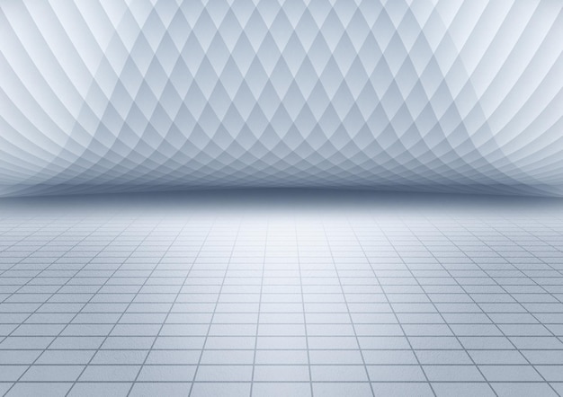 A room with a white floor and a blue ceiling with a pattern of lines.