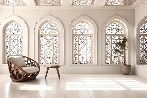 A room with a white floor and a chair in front of a window with a plant on it.