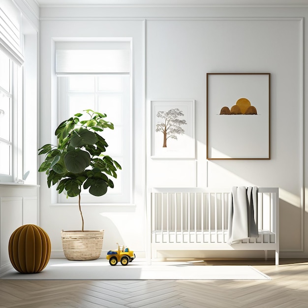 A room with a white radiator and a plant in a pot