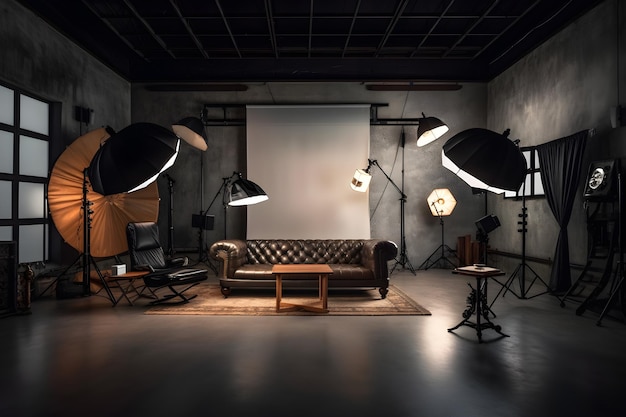 A room with a white screen and a couch and a chair that says " the word photography " on it.