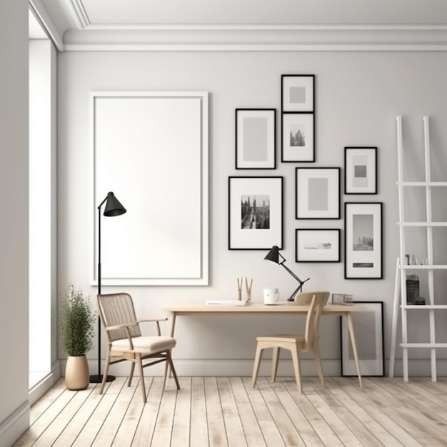 A room with a white shelf and a chair and a table with a lamp on it.