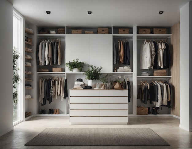 a room with a white shelf that has a plant on it