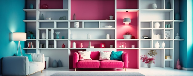 A room with white shelves blue shades and pink accents